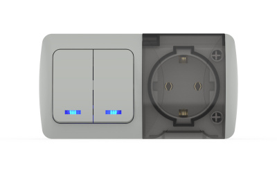 Выключатель двухклавишный с подсветкой + розетка с заземлением ELBI Eva 554-011500-923
