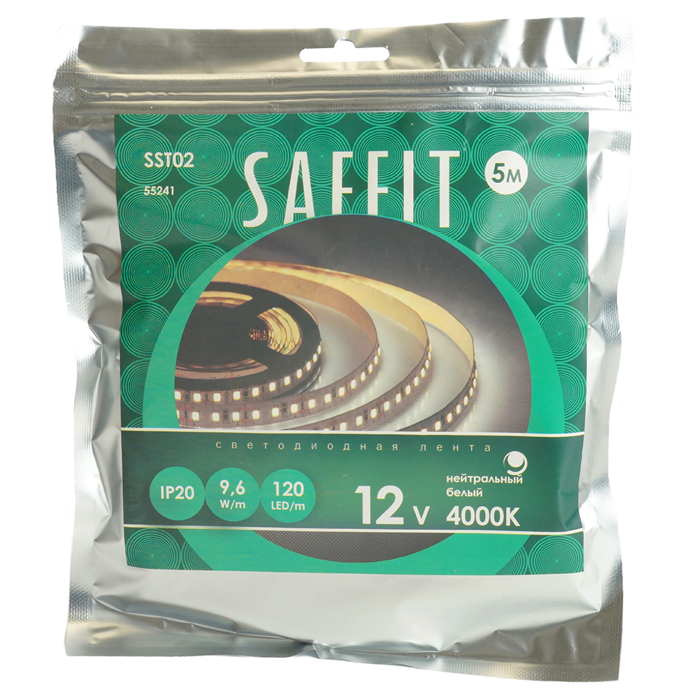 Светодиодная лента Saffit SST02 12В 9,6Вт/м 4000К 5м IP20 55241