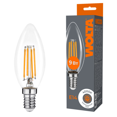 Лампа светодиодная филаментная WOLTA 9Вт 4000K Е14 свеча прозрачная WF-C35-9W4KE14