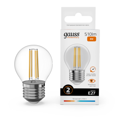 Лампа светодиодная Gauss Filament Elementary E27 8W 2700K 52218