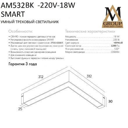 Трековый однофазный светильник AM Group AM532 BK-220V-18W SMART