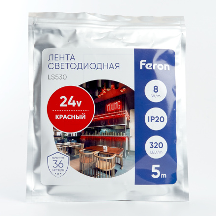 Светодиодная лента Feron LS530 24В 2110 8Вт/м красный 5м IP20 48266