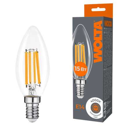 Лампа светодиодная филаментная WOLTA 15Вт 4000K Е14 свеча прозрачная WF-C35-15W4KE14
