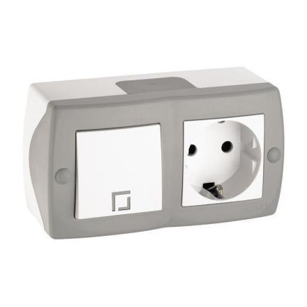 Выключатель одноклавишный + розетка с заземлением Mono Electric Octans IP20 10А 250В бело-серый 104-020001-180