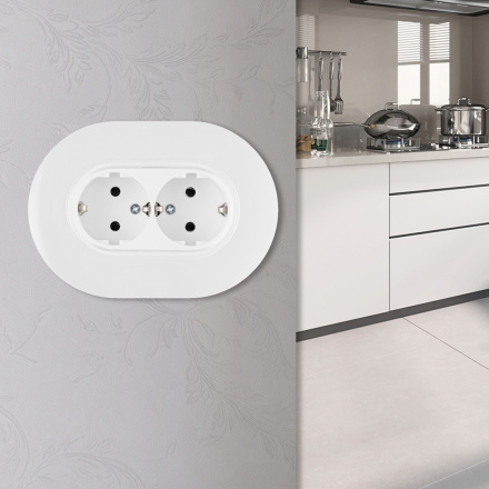 Круглая розетка двойная с/з и шторками Arte Milano SET08-double-40-2 white