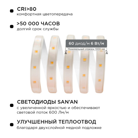 Светодиодная лента Apeyron 220В 6Вт/м smd2835 60д/м IP65 600Лм/м 15м 3000К 10-57