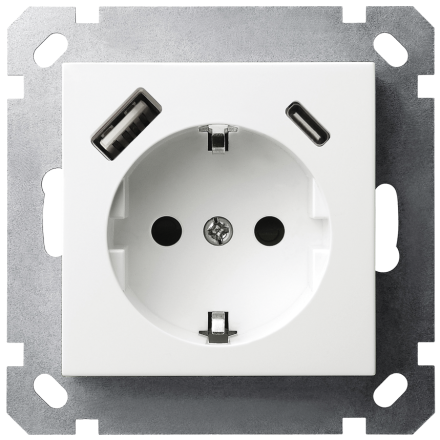 Розетка SHUKO Jasmart с USB тип A-C с защитными шторками 25W 16A 250V 2P+T белый глянцевый G5501USB-25W