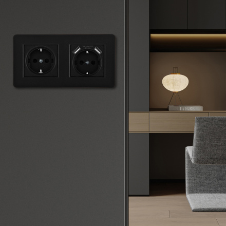 Розетка двойная (двухпостовая) с/з и шторками + USB Arte Milano SET16-2-47-1-40-1 black