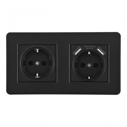 Розетка двойная (двухпостовая) с/з и шторками + USB Arte Milano SET16-2-47-1-40-1 black