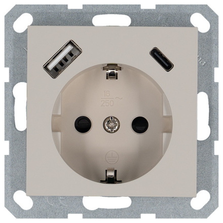 Розетка SHUKO с USB A+C с защитными шторками 16A 250V 2P+T USB 25W, цвет Тауп Jasmart G5501USB-25T