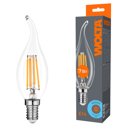 Лампа светодиодная филаментная WOLTA 7Вт 6500K Е14 свеча на ветру прозрачная WF-CT35-7W6KE14