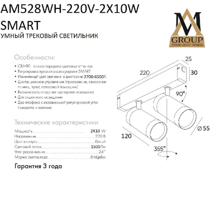 Трековый однофазный светильник AM Group AM528 WH-220V-2X10W SMART