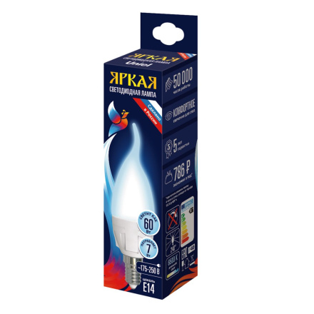 Лампа светодиодная Uniel LED-CW37 7W/6500K/E14/FR PLP01WH UL-00011016