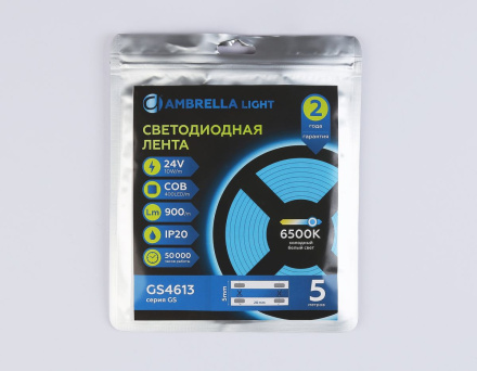 Светодиодная лента Ambrella Light Illumination COB 400Led/10W m/ 24V IP20 6500K/ 5m*5mm*2.1mm (2 конт.) GS4613