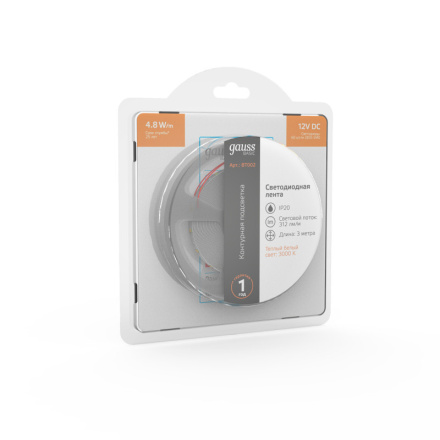 Светодиодная лента Gauss 12В 2835 4,8Вт/м 3000K 3м IP20 BT002