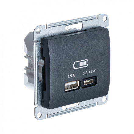 USB Розетка A + тип-C 45W высокоскор.заряд. QC, PD, мех. Systeme Electric Glossa Антрацит GSL000729