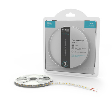 Светодиодная лента Gauss Basic 12В 5050 10Вт/м 4000K 5м IP65 BT053