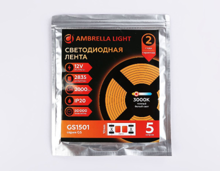 Светодиодная лента Ambrella Light LED Strip 12В 2835 19,2Вт/м 3000K 5м IP20 GS1501