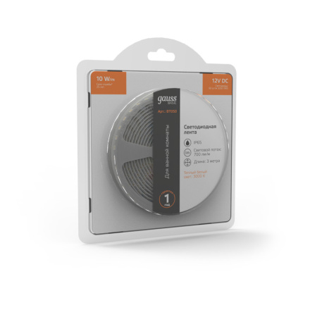Светодиодная лента Gauss 12В 5050 10Вт/м 3000K 3м IP65 BT050
