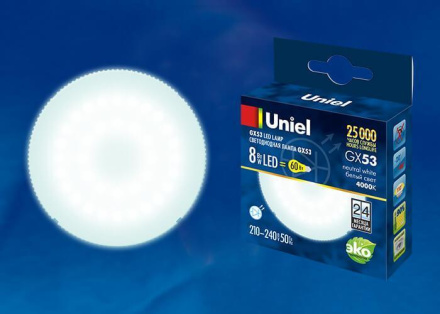 Лампа светодиодная (UL-00001671) Uniel GX53 8W 4000K матовая LED-GX53-8W/NW/GX53/FR PLZ01WH