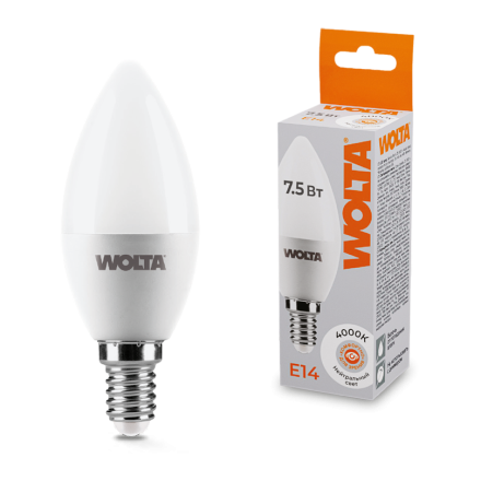 Светодиодная лампа WOLTA 7.5Вт 4000K E14 свеча матовая 25SC7.5E14
