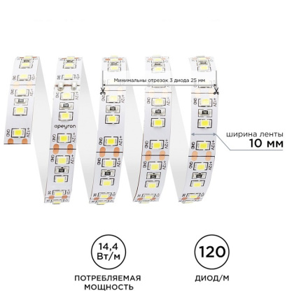 Светодиодная лента Apeyron Стандарт 12В 2835 14,4Вт/м 400К 5м IP20 00-53