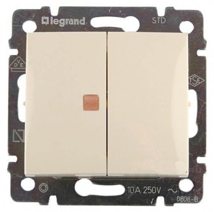Переключатель двухклавишный Legrand Valena 10A 250V с подсветкой cлоновая кость 774345