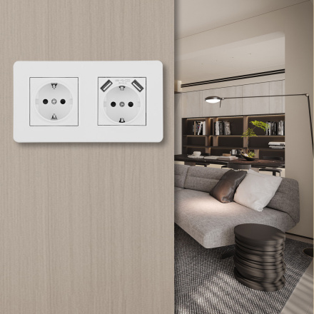 Розетка двойная (двухпостовая) с/з и шторками + USB Arte Milano SET16-2-47-1-40-1 white