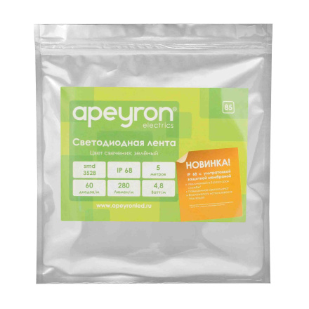 Светодиодная лента Apeyron 12В СТ 4,8Вт/м smd3528, 60д/м IP67 (НАНО) 5м зеленая 00-85