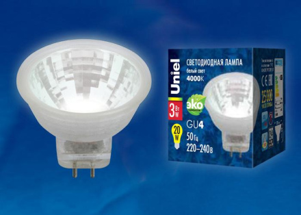 Лампа светодиодная (UL-00001702) Uniel GU4 3W 3000K прозрачная LED-MR11-3W/WW/GU4/220V GLZ21TR
