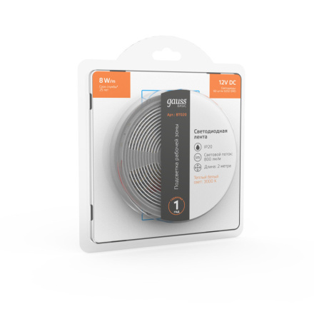 Светодиодная лента Gauss 12В 5050 8Вт/м 3000K 2м IP20 BT020