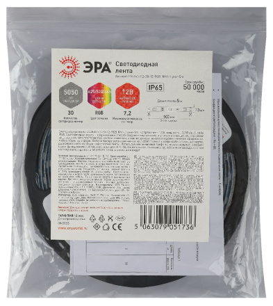 Светодиодная лента Эра 12В 5050 7,2Вт/м RGB 5м IP65 LS5050-7,2-30-12-RGB-IP65-1 year-5m Б0059918