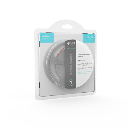 Светодиодная лента Gauss 12В 2835 4,8Вт/м 4000K 3м IP20 BT004