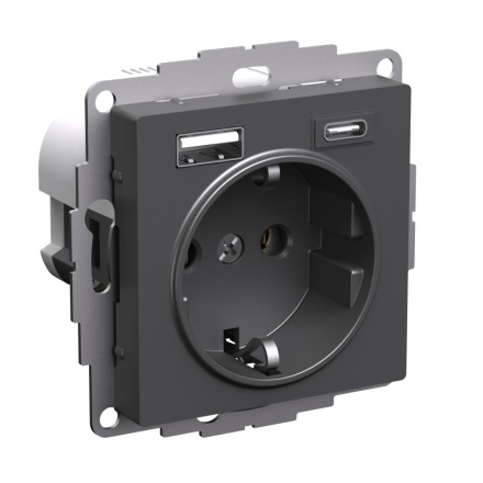 Розетка 16А с 2 USB A+C, 5В/2,4А/3,0А, 2х5В/1,5А, Systeme Electric AtlasDesign Базальт ATN001432
