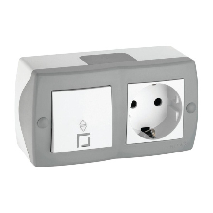 Выключатель одноклавишный проходной + розетка с заземлением Mono Electric Octans IP20 10А 250В бело-серый 104-020001-186