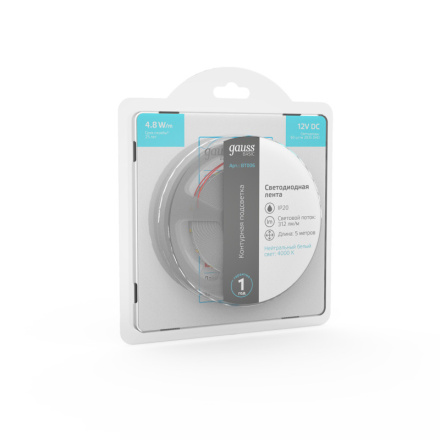 Светодиодная лента Gauss 12В 2835 4,8Вт/м 4000K 5м IP20 BT006