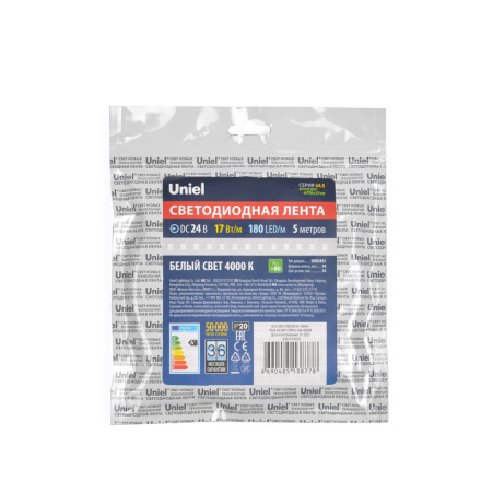 Светодиодная лента Uniel ULS-2835-180LED/m-10mm-IP20-DC24V-17W/m-5M-4000K катушка в герметичной упаковке