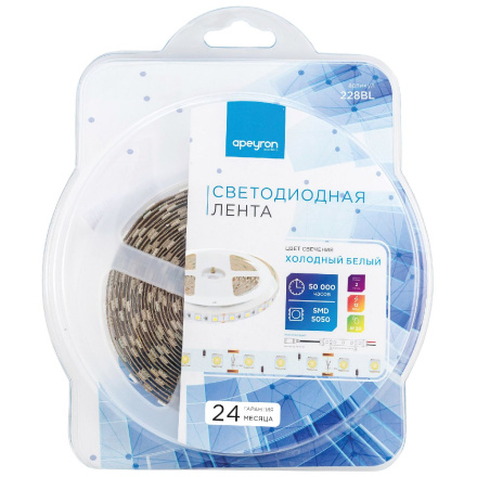 Светодиодная лента Apeyron 12В 14,4Вт/м smd5050 60д/м IP20 700Лм/м 2м 6500К 228BL
