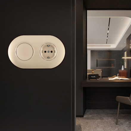 Выключатель круглый одноклавишный с розеткой с/з и шторками Arte Milano SET08-2-40-1-30-1 shampan