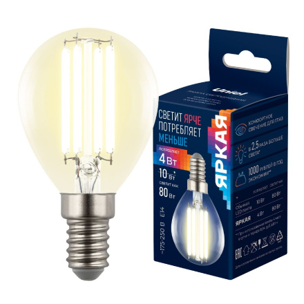 Лампа светодиодная филаментная Uniel LED-G45-4W/3000K/E14/CL GLY01TR UL-00011938