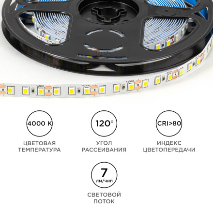 Светодиодная лента Apeyron 12В 2835 9,6Вт/м 4000К 7Лм/чип 5м IP20 LSE-257