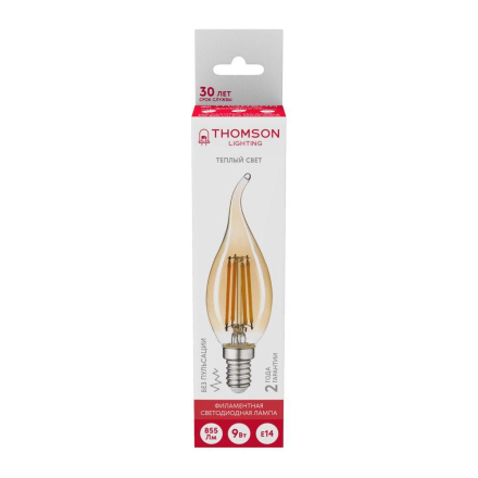 Лампа светодиодная филаментная Thomson E14 9W 2400K свеча не ветру прозрачная TH-B2119