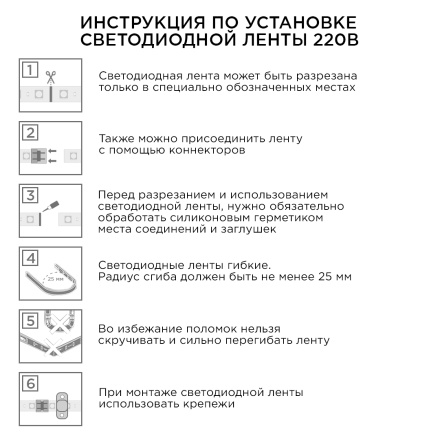 Комплект светодиодной ленты Apeyron 220В 6Вт/м smd2835 60д/м IP65 5м 6500К (сетевой шнур, заглушка, крепежи) 10-55
