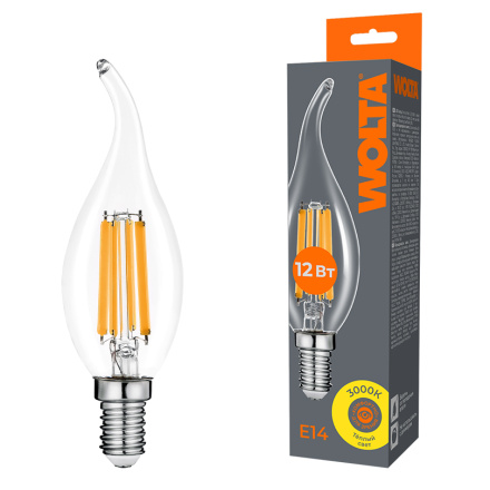 Лампа светодиодная филаментная WOLTA 12Вт 3000K Е14 свеча на ветру прозрачная WF-CT35-12W3KE14