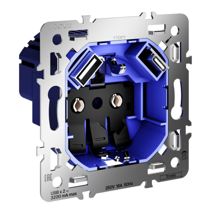 Механизм розетки с заземлением и защитными шторками 16А, с USB A+C Voltum S70 VLS0405M