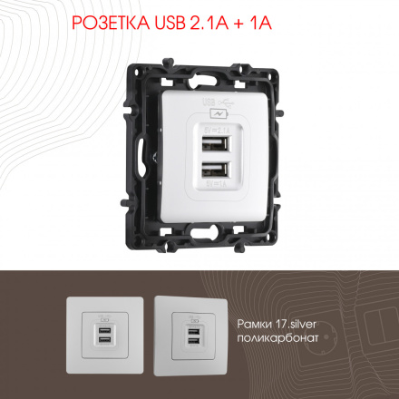 Розетка USB 2.1А+1А Arte Milano 217.46-1.silver