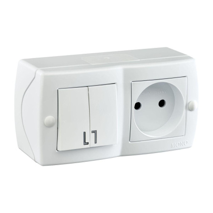 Выключатель двухклавишный + розетка без заземления Mono Electric Octans IP20 10А 250В белый 104-010101-182