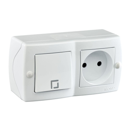Выключатель одноклавишный + розетка без заземления Mono Electric Octans IP20 10А 250В белый 104-010101-185