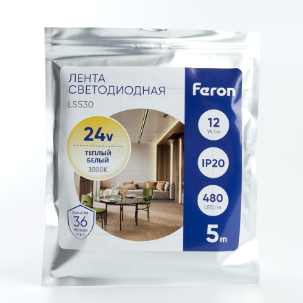 Светодиодная лента Feron LS530 24В 2110 12Вт/м 3000K 5м IP20 48270
