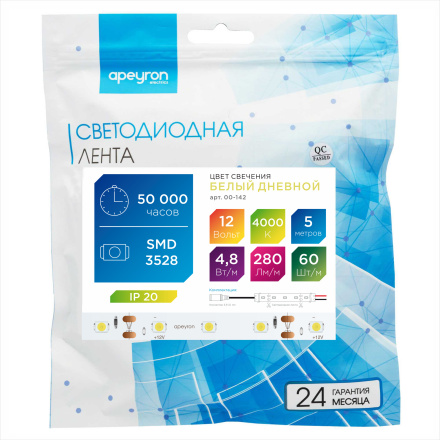 Светодиодная лента Apeyron 12В СТ 4,8Вт/м smd3528, 60д/м IP20 280Лм/м 5м 4000К 00-142